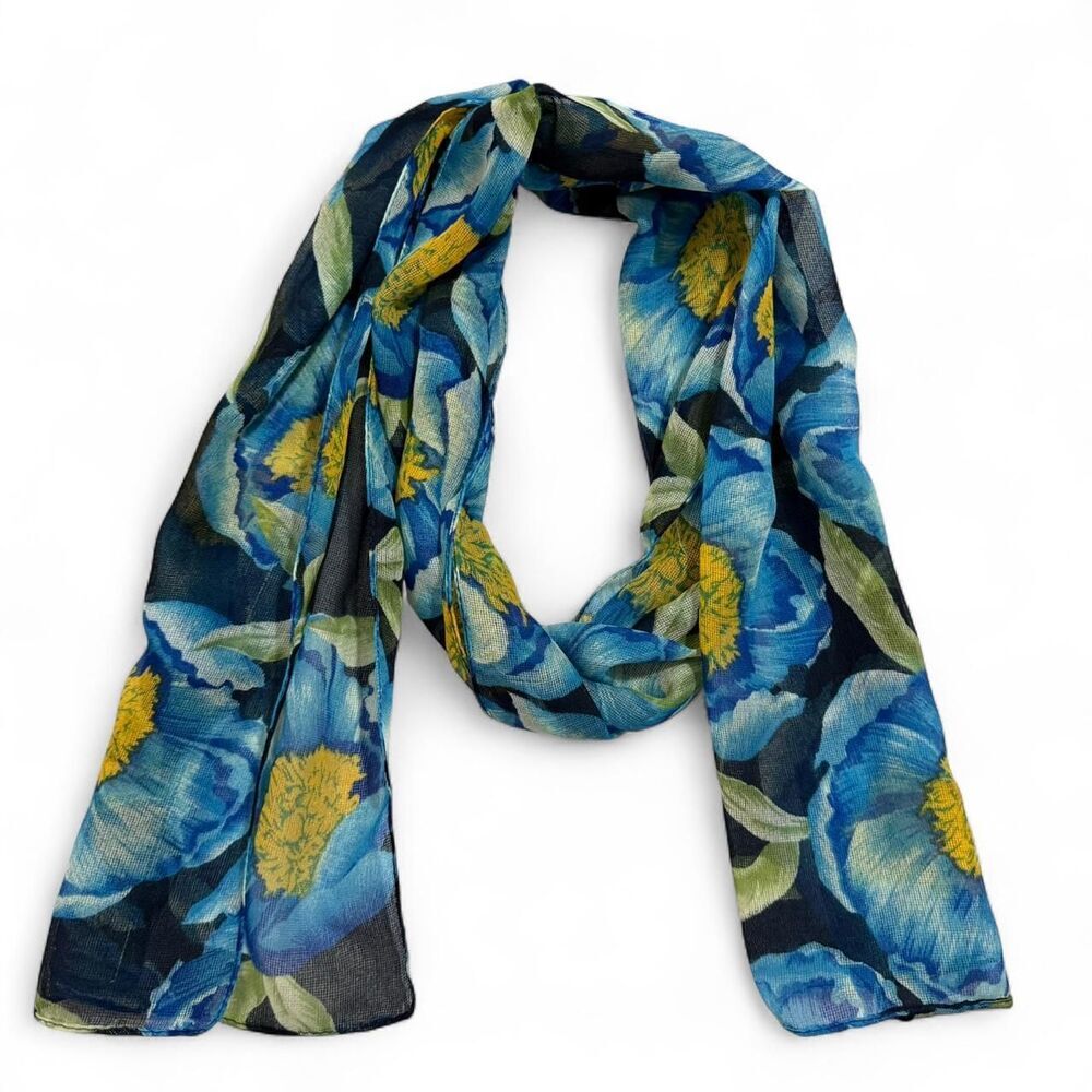 Y2K Blue Peonies floral gauze scarf Blue and yellow